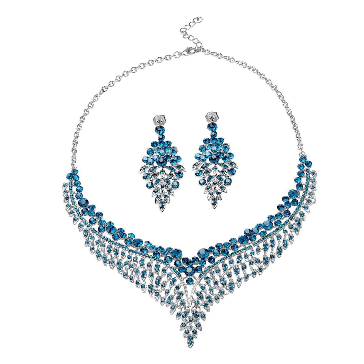 Peacock Blue Color Austrian Crystal Earrings and Bib Necklace 20-23 Inches in Silvertone image number 0