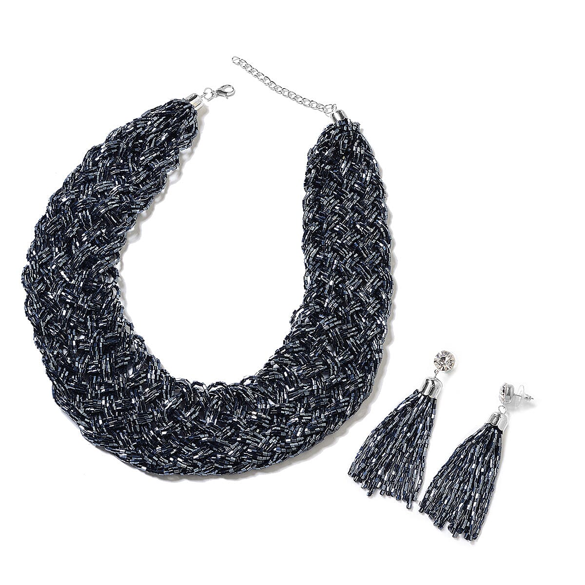 Midnight Blue Tube Seed Bead Tassel Earrings and Braided Statement Bib Necklace 20 Inch