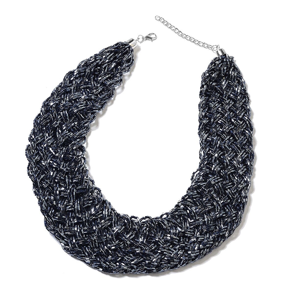 Midnight Blue Tube Seed Bead Tassel Earrings and Braided Statement Bib Necklace 20 Inch