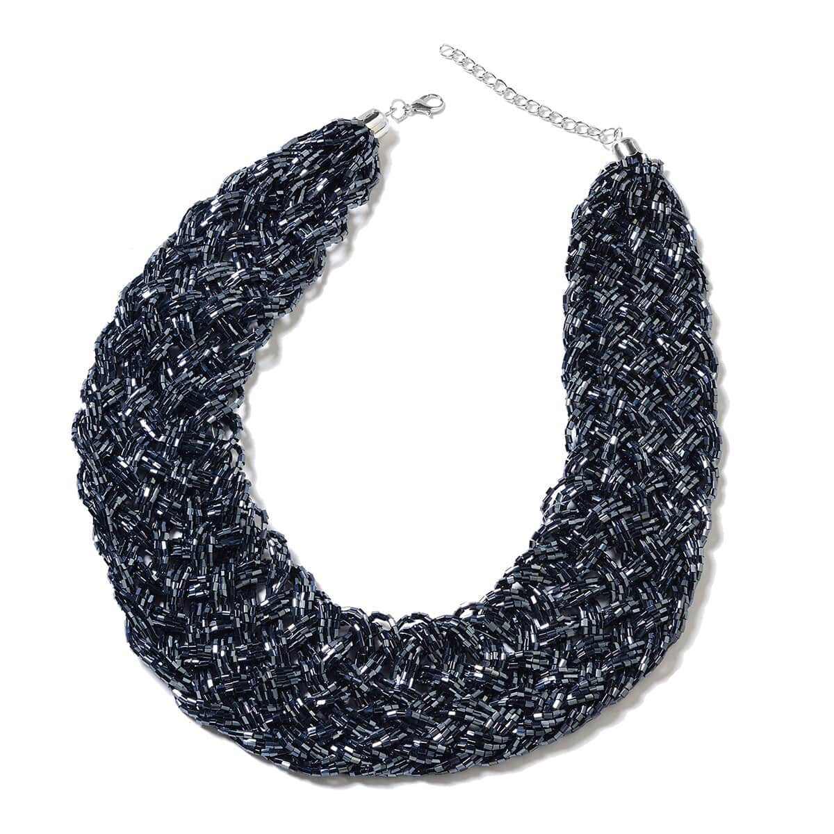 Midnight Blue Tube Seed Bead Tassel Earrings and Braided Statement Bib Necklace 20 Inch image number 1