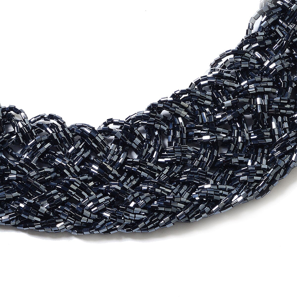 Midnight Blue Tube Seed Bead Tassel Earrings and Braided Statement Bib Necklace 20 Inch