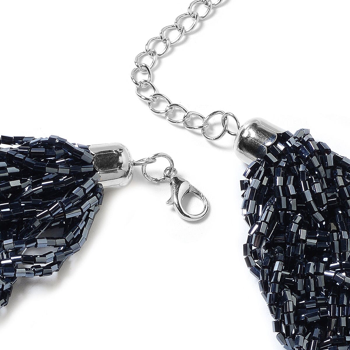 Midnight Blue Tube Seed Bead Tassel Earrings and Braided Statement Bib Necklace 20 Inch