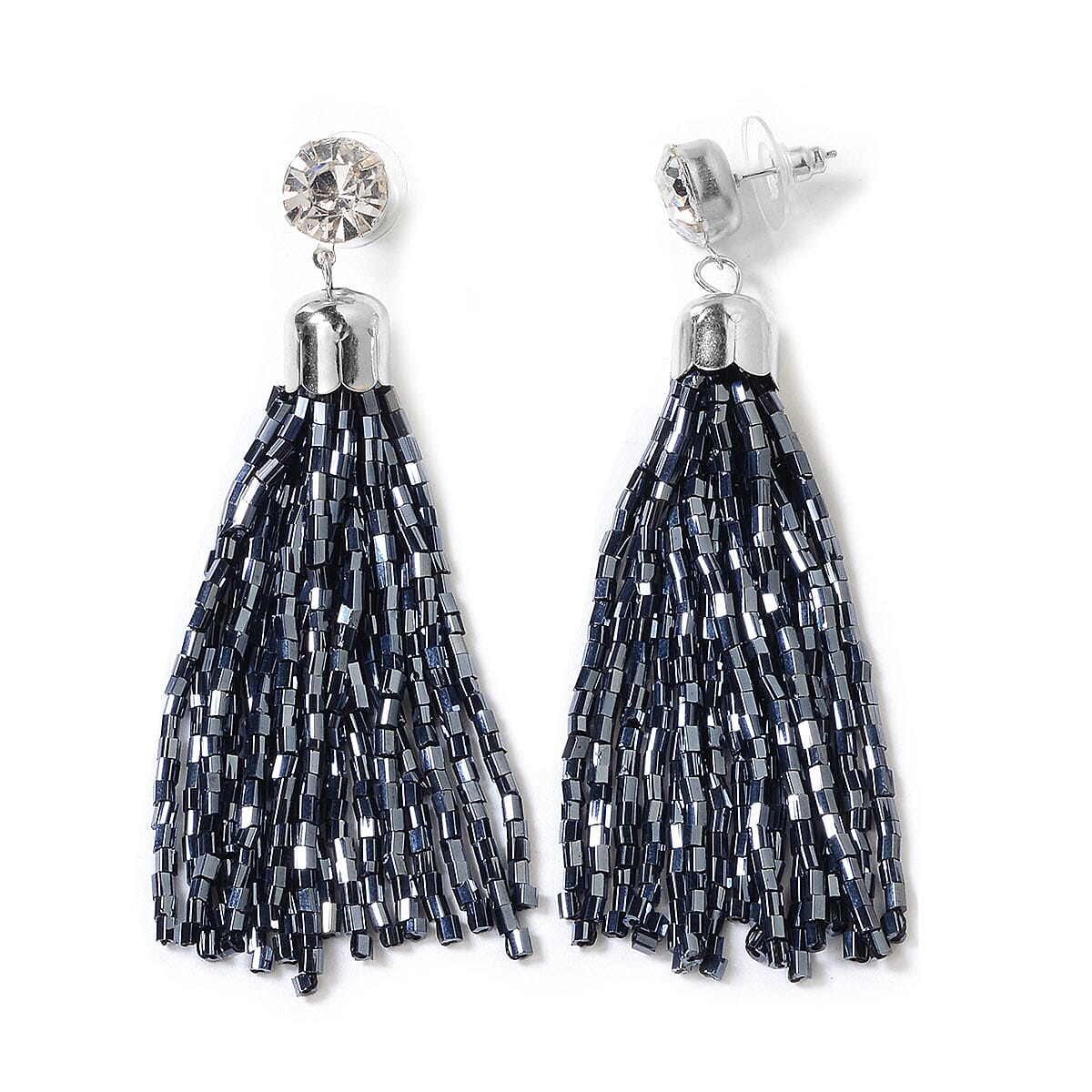 Midnight Blue Tube Seed Bead Tassel Earrings and Braided Statement Bib Necklace 20 Inch