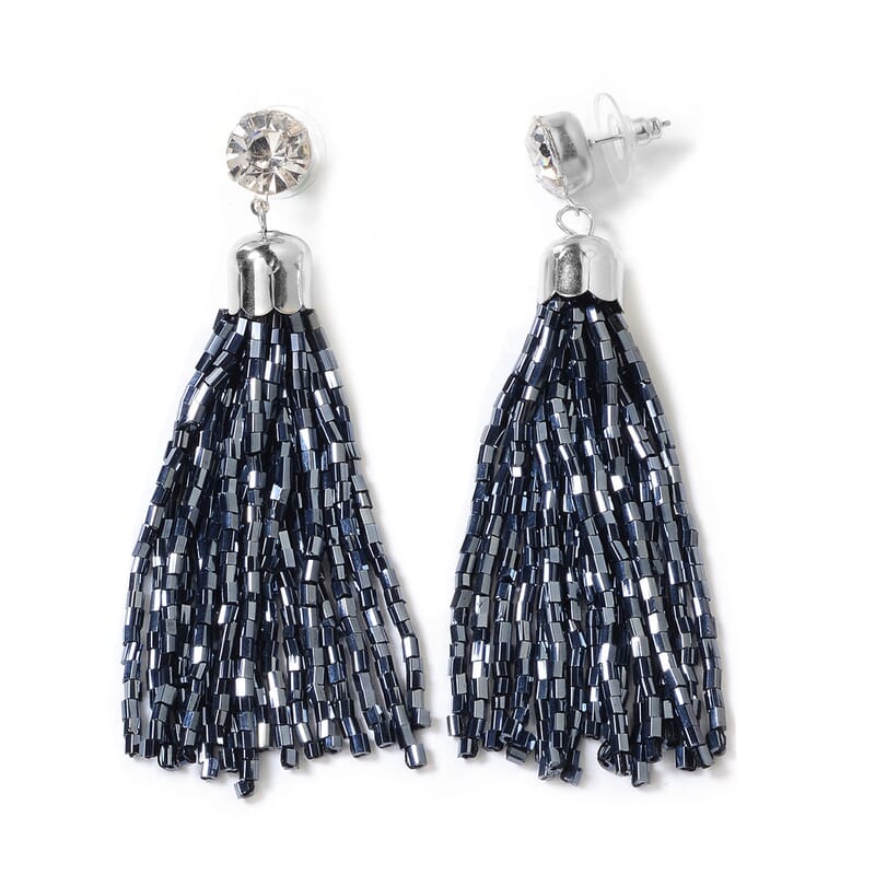 Midnight Blue Tube Seed Bead Tassel Earrings and Braided Statement Bib Necklace 20 Inch