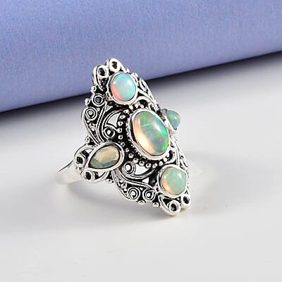 Ethiopian Welo Opal Floral Ring, Sterling Silver Ring, Opal Elongated Ring, Opal Jewelry For Her, Birthday Gift 1.25 ctw
