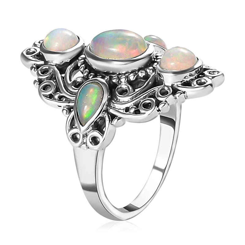 Ethiopian Welo Opal Floral Ring, Sterling Silver Ring, Opal Elongated Ring, Opal Jewelry For Her, Birthday Gift 1.25 ctw