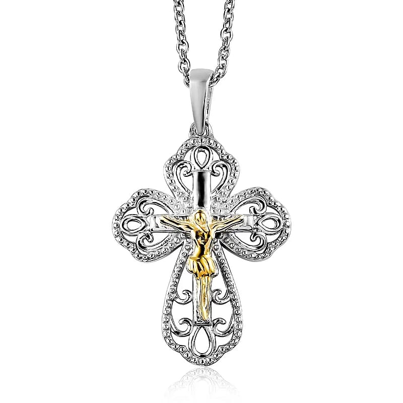 D'Joy Crucifix Pendant Necklace, Budded Cross Pendant, Sterling Silver Pendant, Stainless Steel Chain, Pendant Necklace 20 Inches