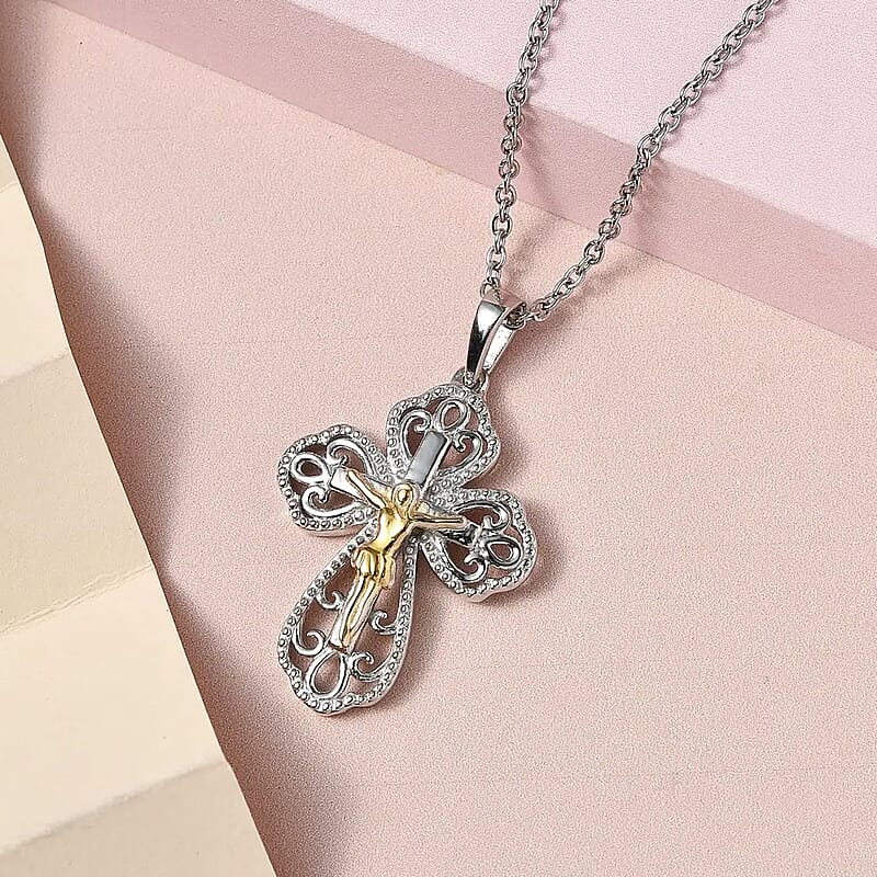 D'Joy Crucifix Pendant Necklace, Budded Cross Pendant, Sterling Silver Pendant, Stainless Steel Chain, Pendant Necklace 20 Inches
