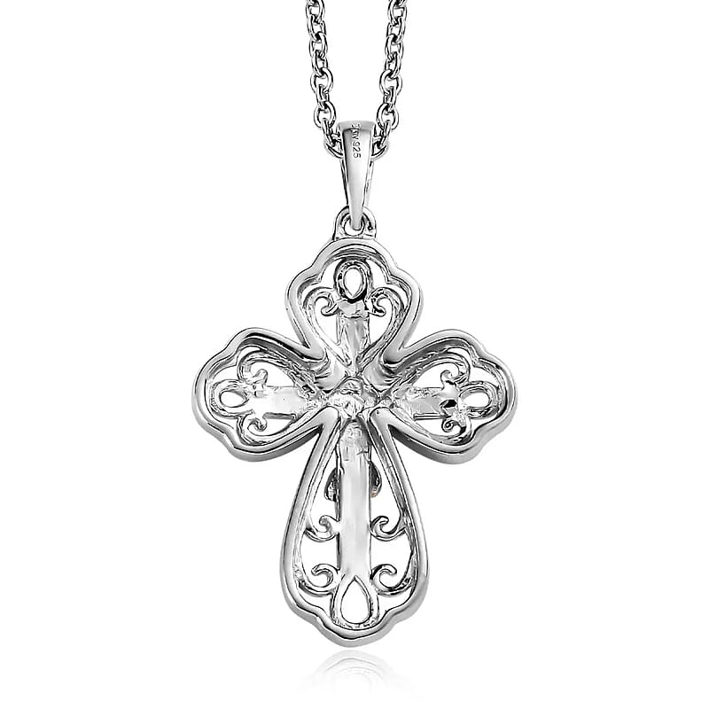 D'Joy Crucifix Pendant Necklace, Budded Cross Pendant, Sterling Silver Pendant, Stainless Steel Chain, Pendant Necklace 20 Inches