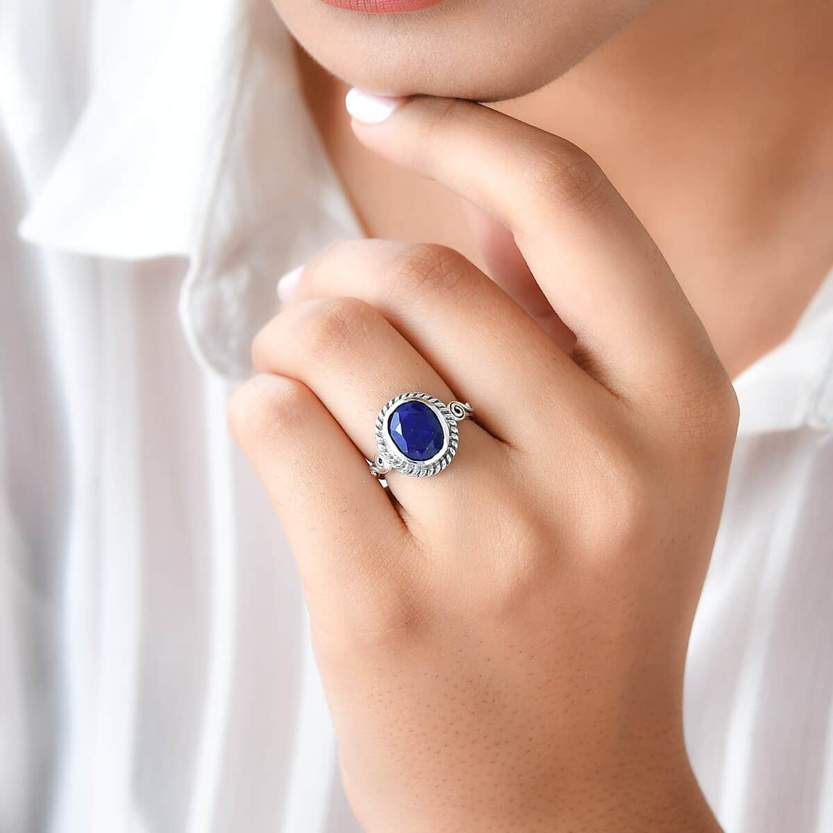 Artisan Crafted Lapis Lazuli Solitaire Ring, Lapis Lazuli Ring, Sterling Silver Ring, Promise Ring 2.75 ctw image number 2