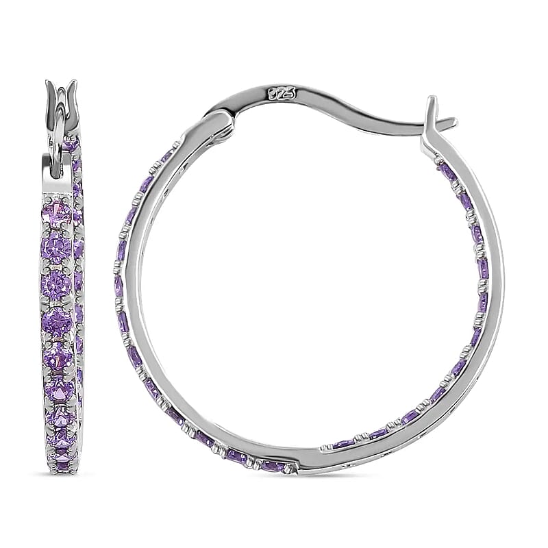 Simulated Purple Diamond Hoop Earrings in Sterling Silver, Silver Hoops For Women