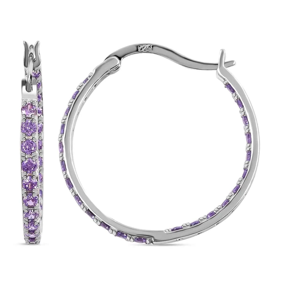 Simulated Purple Diamond Hoop Earrings in Sterling Silver, Silver Hoops For Women image number 0