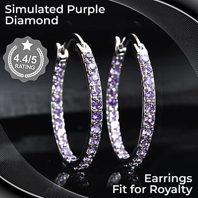 Simulated Purple Diamond Hoop Earrings in Sterling Silver, Silver Hoops For Women