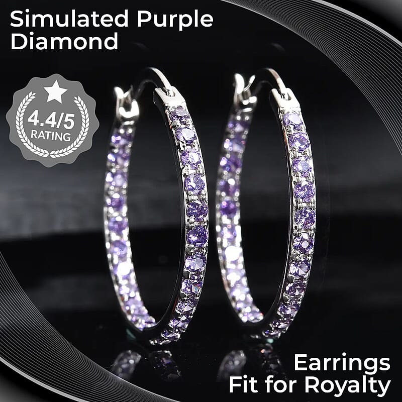 Simulated Purple Diamond Hoop Earrings in Sterling Silver, Silver Hoops For Women