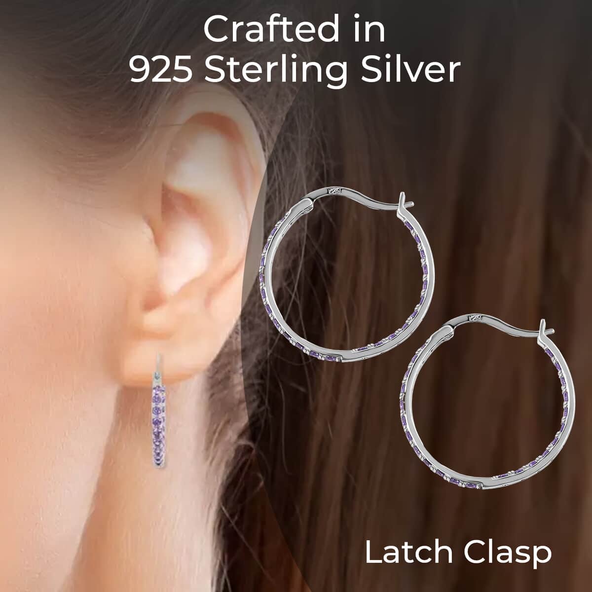 Simulated Purple Diamond Hoop Earrings in Sterling Silver, Silver Hoops For Women image number 2