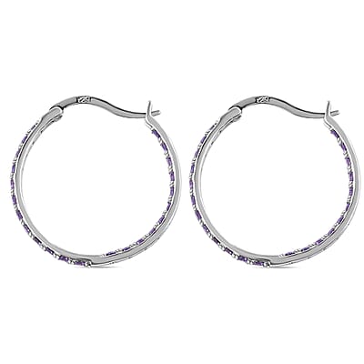 Simulated Purple Diamond Hoop Earrings in Sterling Silver, Silver Hoops For Women