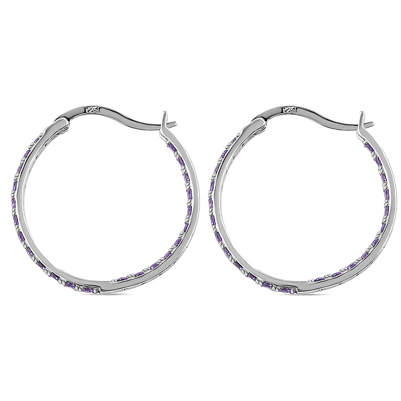 Simulated Purple Diamond Hoop Earrings in Sterling Silver, Silver Hoops For Women