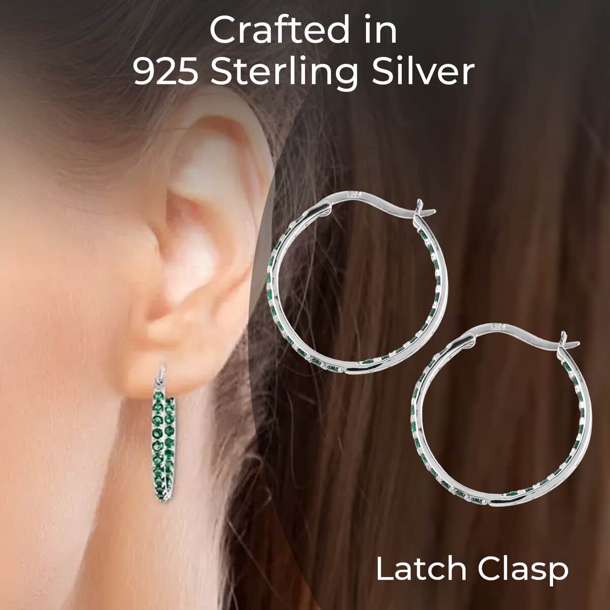 Simulated Green Diamond 1.85 ctw Inside Out Hoop Earrings in Sterling Silver, Silver Hoops For Women image number 2