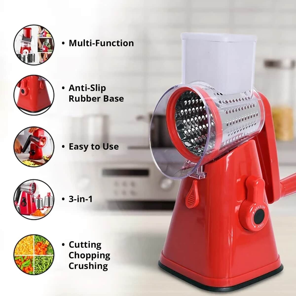 3-in-1 Rotary Cheese Grater, Vegetable and Fruit Slicer with Slicing, Shredding and Grating Blades image number 2