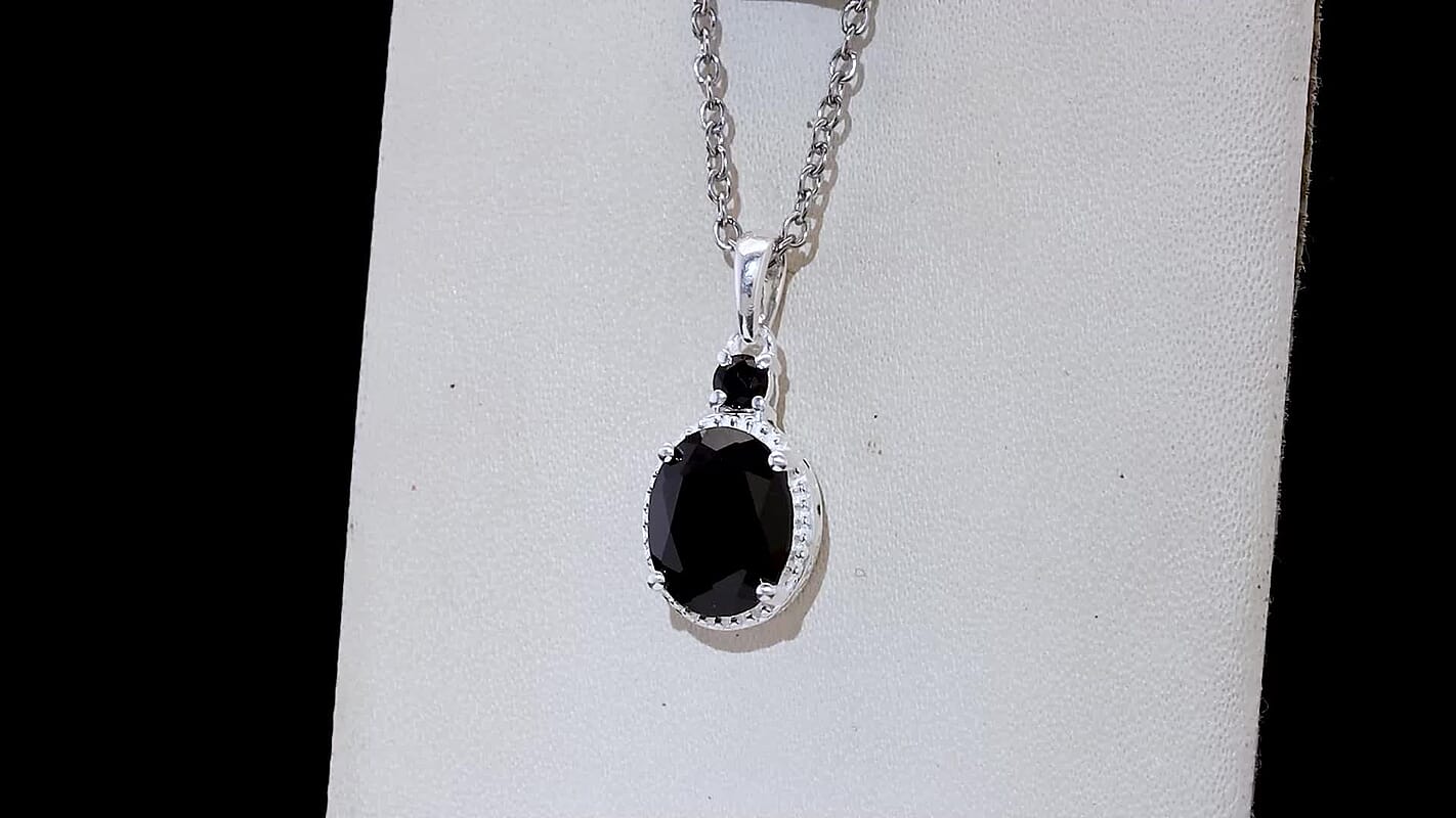 Natural Thai Black Spinel and Simulated Black Diamond Magnetic Clasp Pendant Necklace 20 Inches in Sterling Silver and Stainless Steel 3.35 ctw