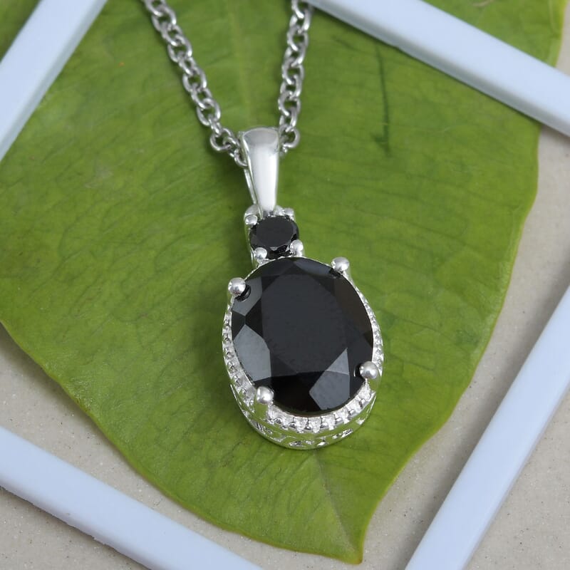 D'Joy Thai Black Spinel and Simulated Black Diamond 3.50 ctw Magnetic Clasp Pendant in Sterling Silver with Stainless Steel Necklace 20 Inches