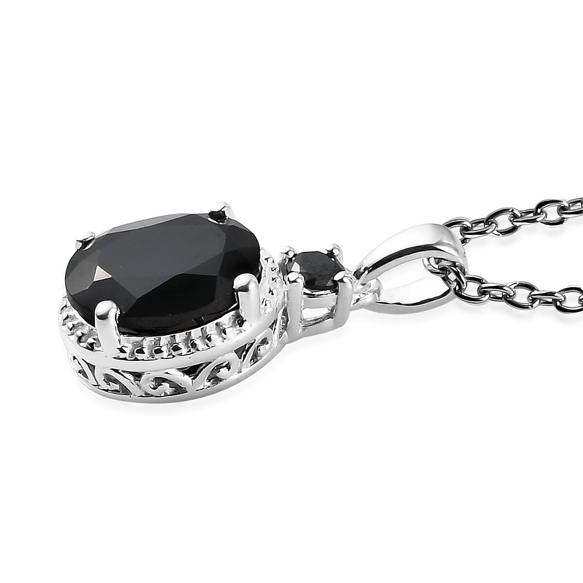 D'Joy Thai Black Spinel and Simulated Black Diamond 3.50 ctw Magnetic Clasp Pendant in Sterling Silver with Stainless Steel Necklace 20 Inches