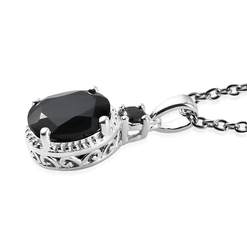 D'Joy Thai Black Spinel and Simulated Black Diamond 3.50 ctw Magnetic Clasp Pendant in Sterling Silver with Stainless Steel Necklace 20 Inches