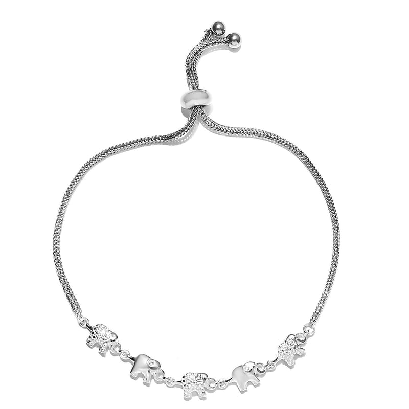 D'Joy Diamond Accent Elephant Bracelet in Sterling Silver with Stainless Steel Bolo Chain, Adjustable Charm Bracelet for Women 9.50 Inches