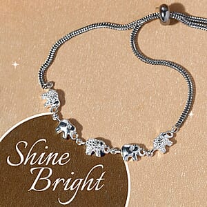 D'Joy Diamond Accent Elephant Bracelet in Sterling Silver with Stainless Steel Bolo Chain, Adjustable Charm Bracelet for Women 9.50 Inches