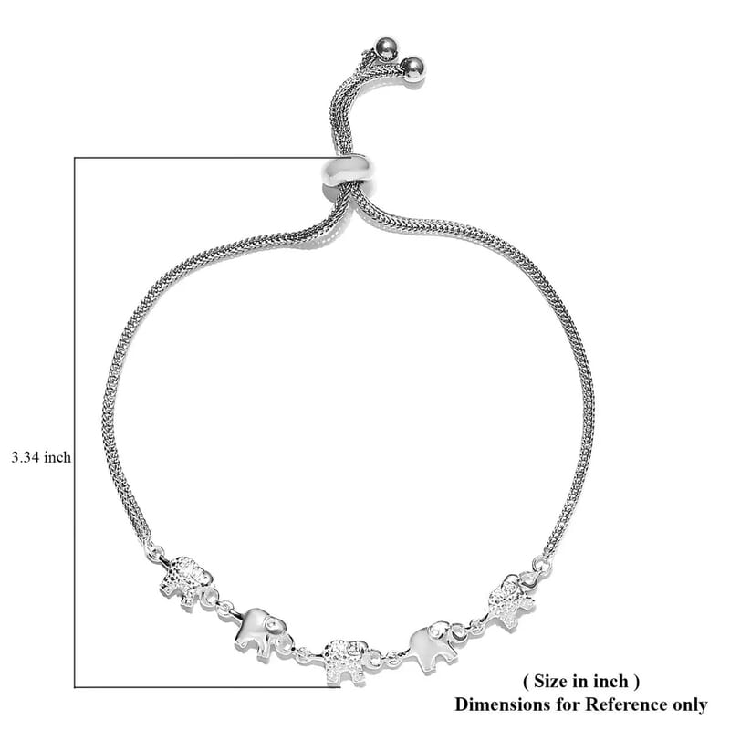 D'Joy Diamond Accent Elephant Bracelet in Sterling Silver with Stainless Steel Bolo Chain, Adjustable Charm Bracelet for Women 9.50 Inches