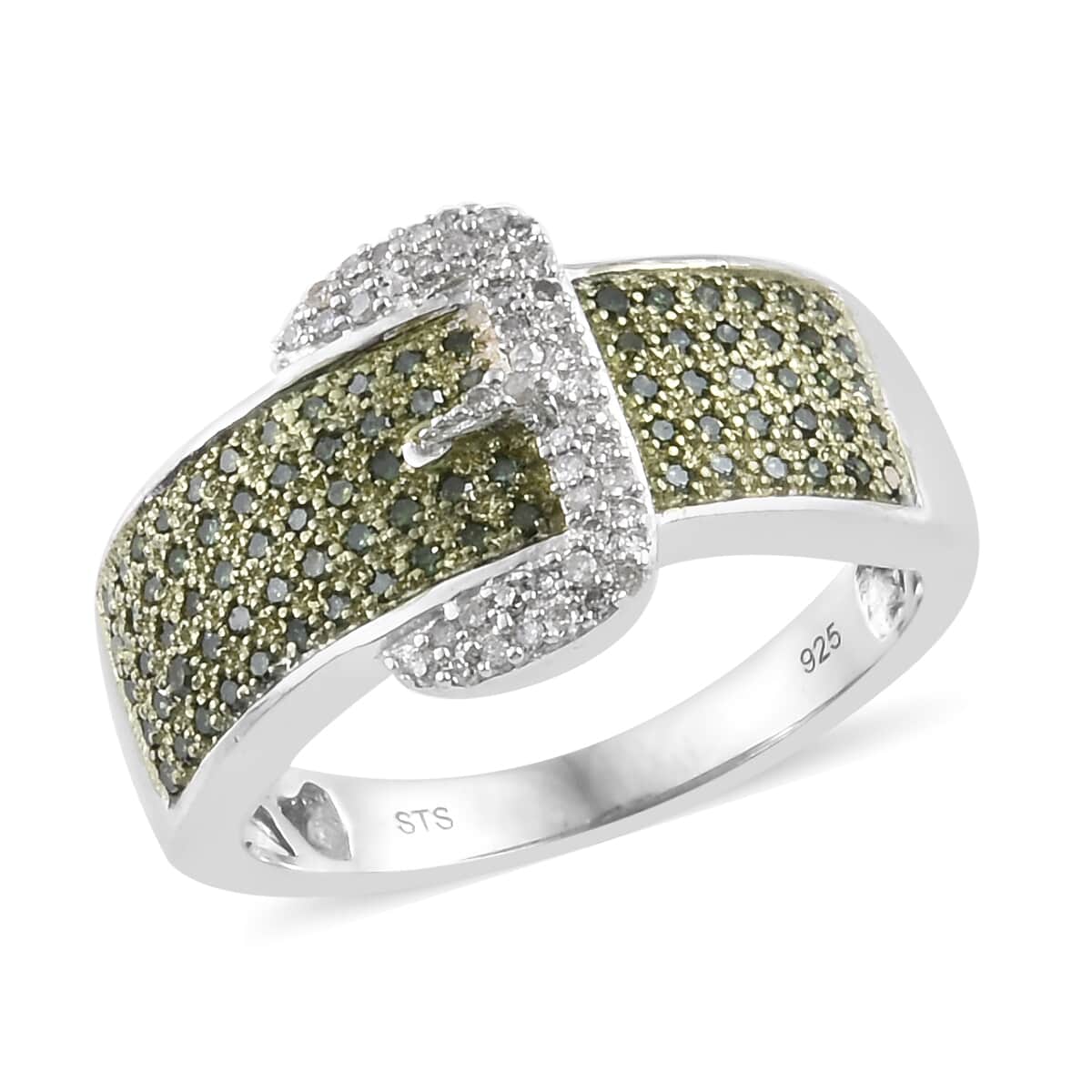 Green Diamond and Diamond Buckle Ring in Rhodium and Platinum Over Sterling Silver (Size 5.0) 0.50 ctw image number 0