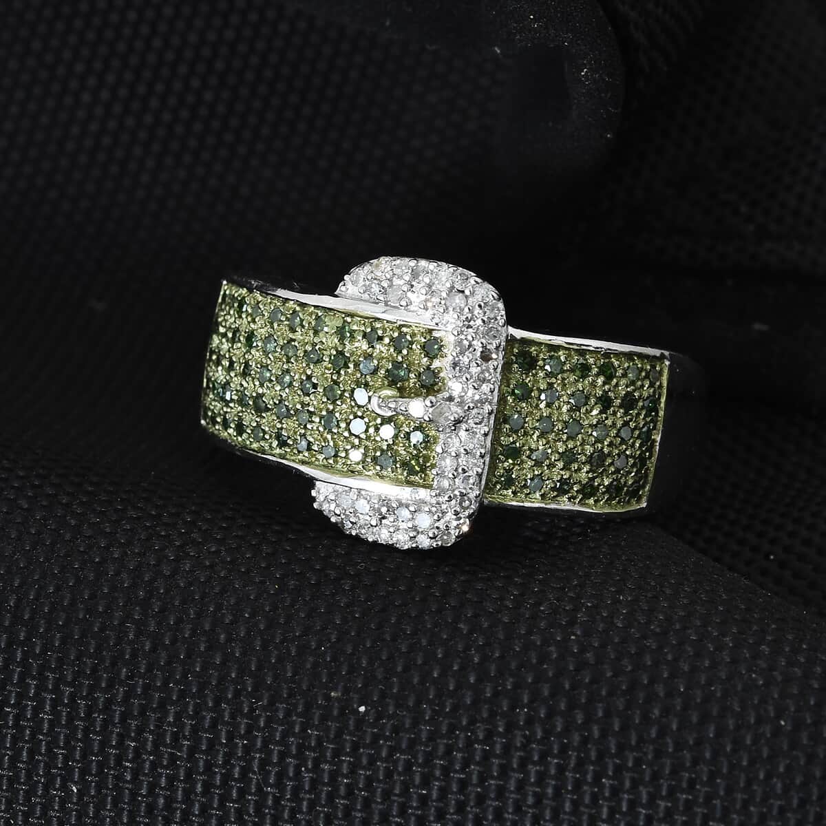 Green Diamond and Diamond Buckle Ring in Rhodium and Platinum Over Sterling Silver (Size 5.0) 0.50 ctw image number 1