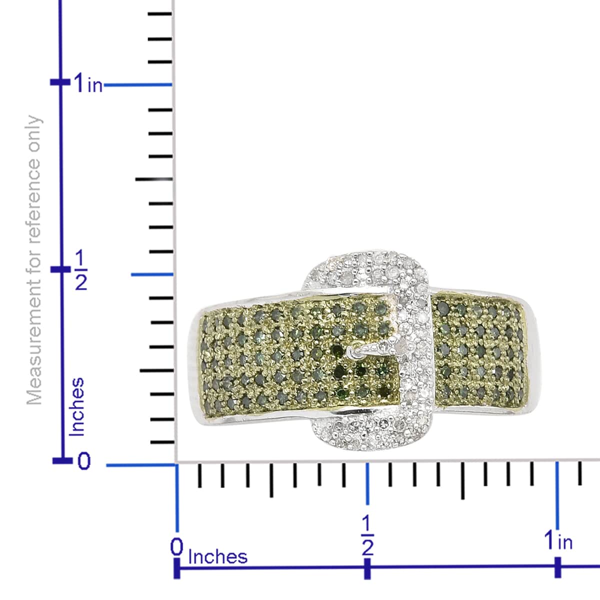 Green Diamond and Diamond Buckle Ring in Rhodium and Platinum Over Sterling Silver (Size 5.0) 0.50 ctw image number 5