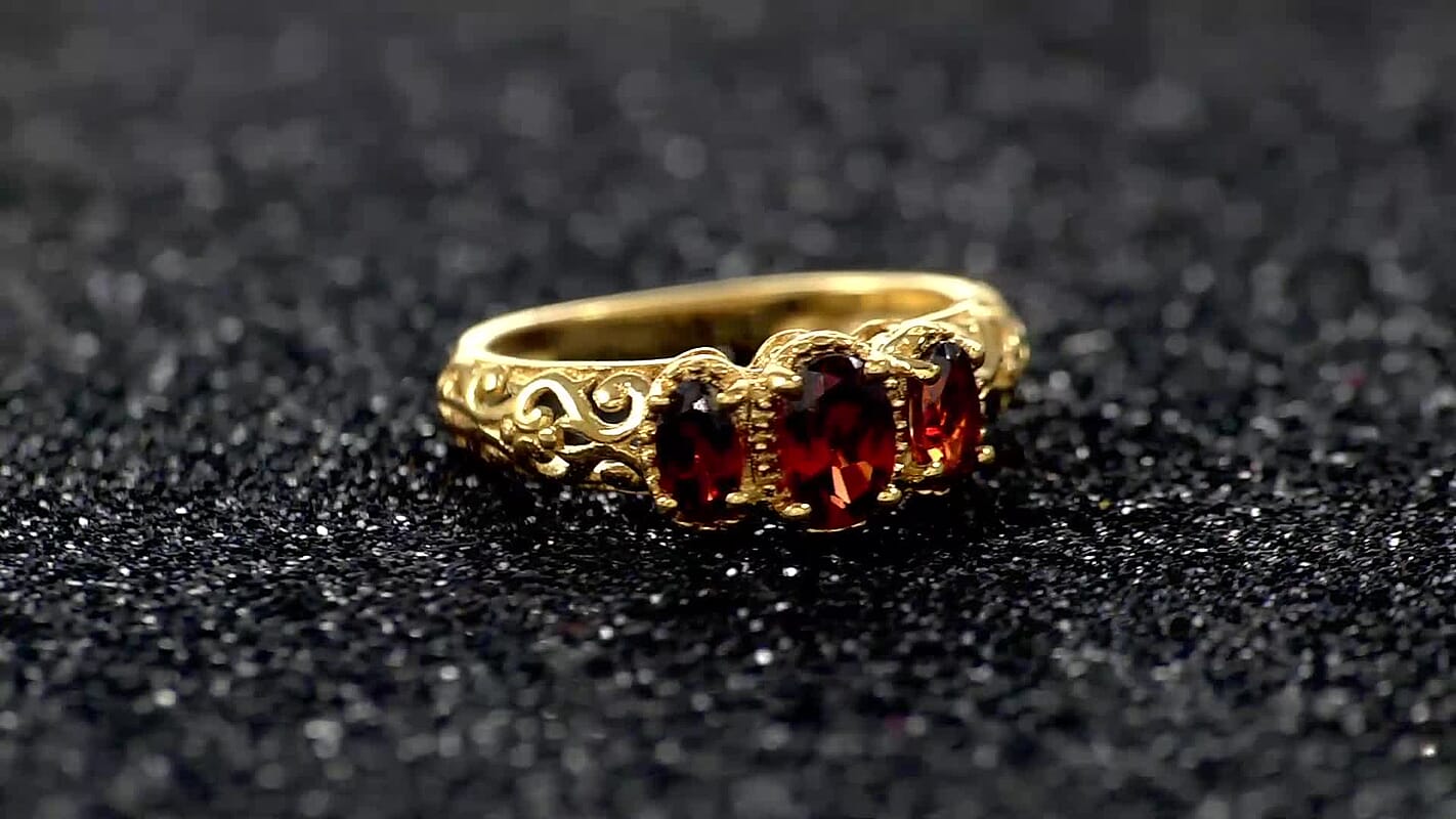 Mozambique Garnet Openwork Trilogy Ring in 14K Yellow Gold Over Sterling Silver 1.10 ctw