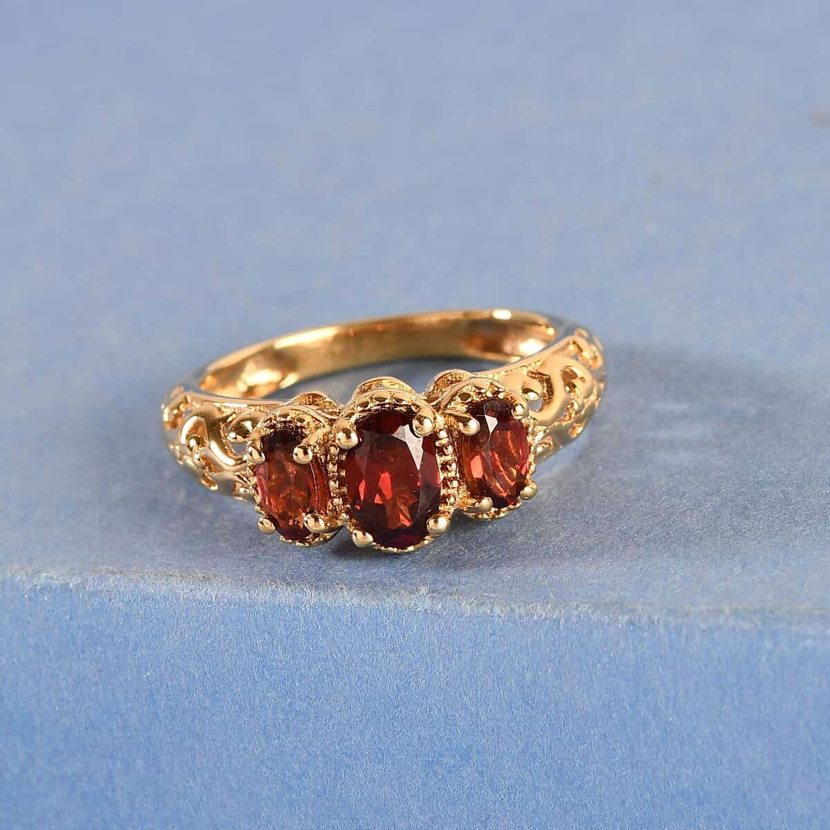 Mozambique Garnet Ring, Trilogy Ring, Garnet Three Stone Ring, Openwork Ring, Sterling Silver Ring, Silver Trilogy Ring 1.10 ctw (Size 6) image number 3