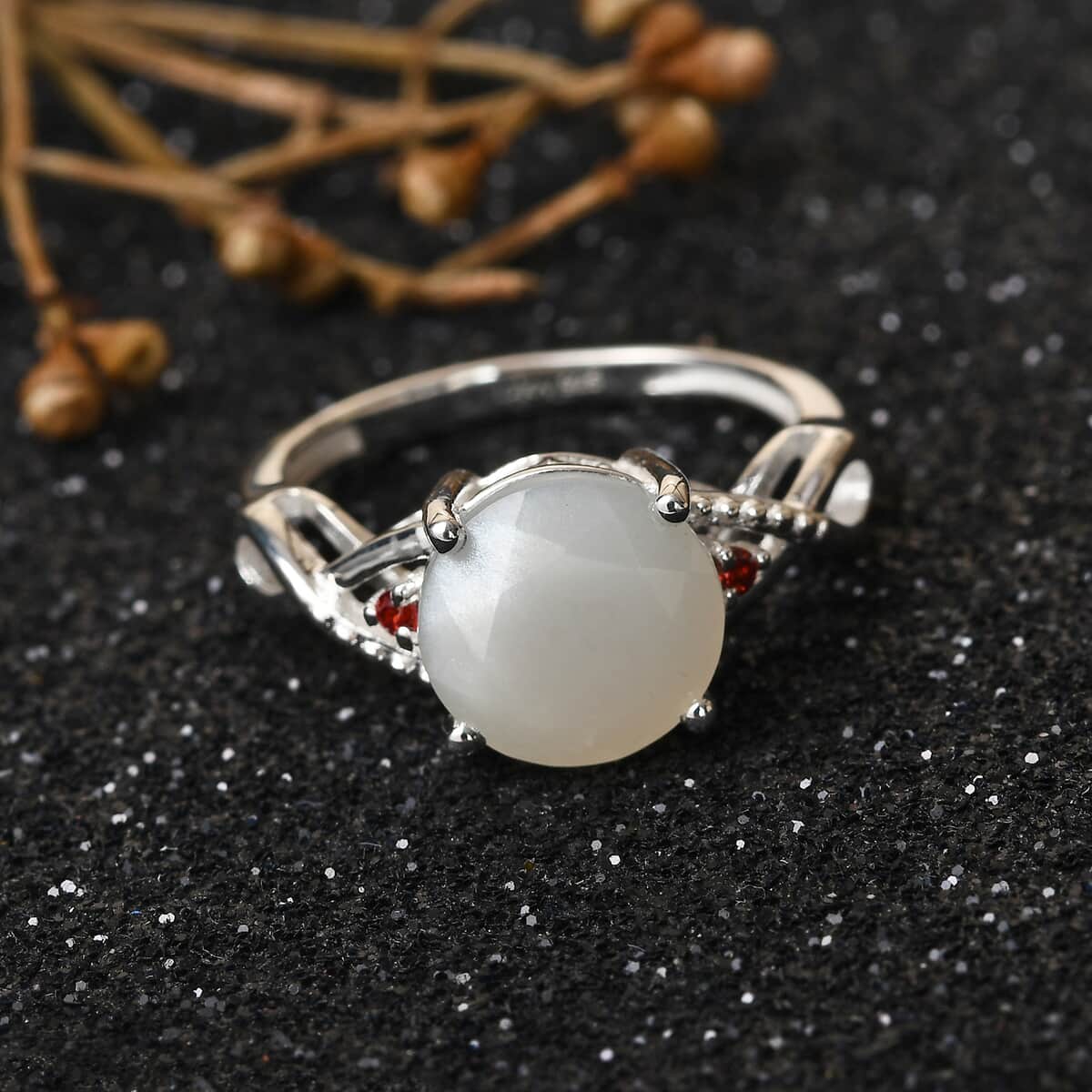 Sri Lankan Silver Moonstone and Simulated Red Diamond Ring in Sterling Silver 2.32 ctw image number 1