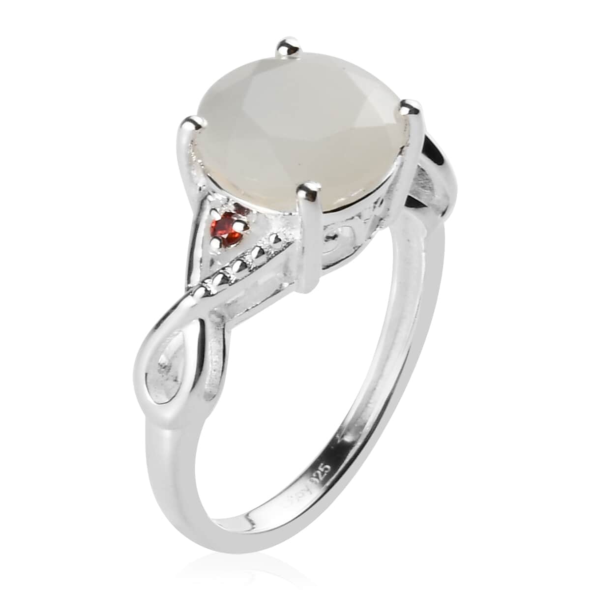 Sri Lankan Silver Moonstone and Simulated Red Diamond Ring in Sterling Silver 2.32 ctw image number 4