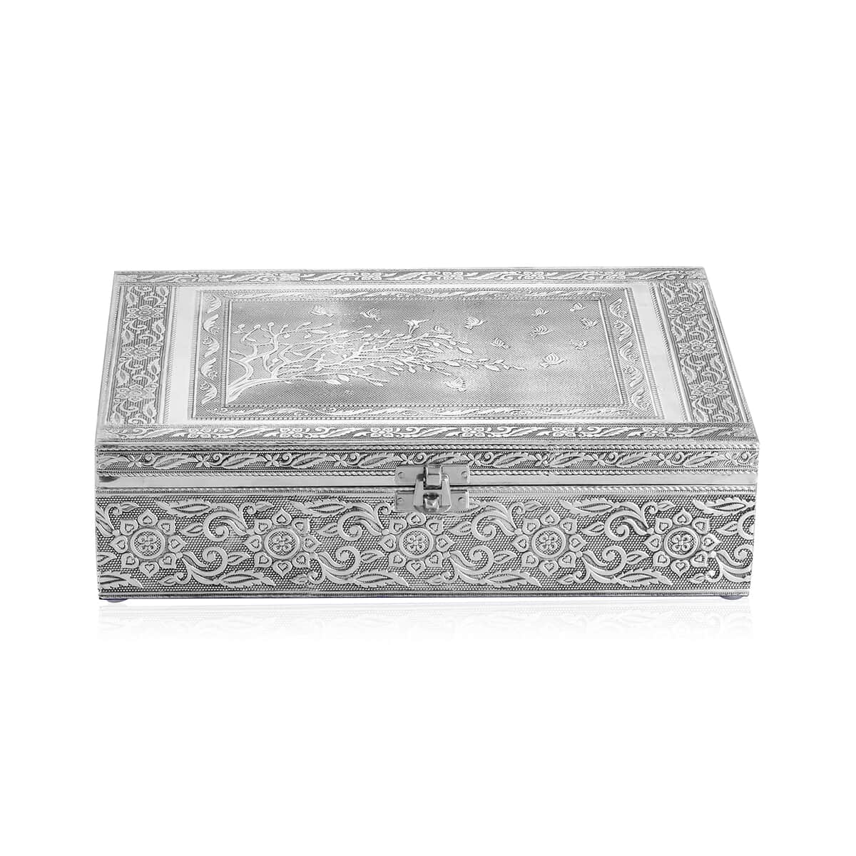 Handcrafted Aluminium Tree Embossed 2 Tier Jewelry Box with Scratch Protection Interior image number 0