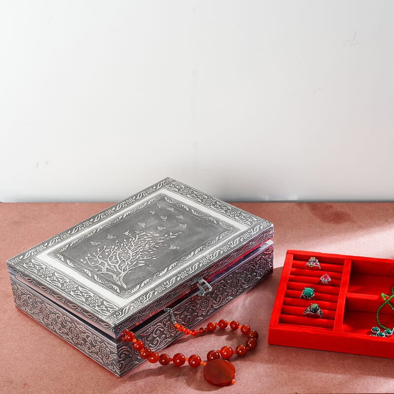 Handcrafted Aluminium Tree Embossed 2 Tier Jewelry Box with Scratch Protection Interior