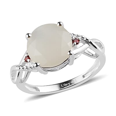 Sri Lankan Silver Moonstone and Simulated Red Diamond Ring in Sterling Silver (Size 7.0) 2.35 ctw