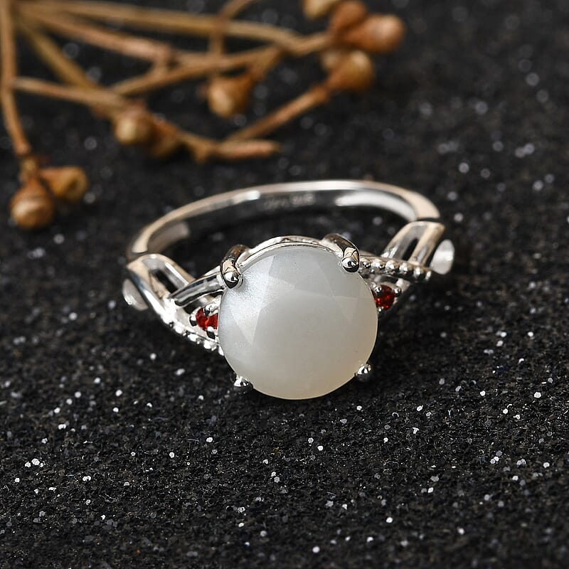 Sri Lankan Silver Moonstone and Simulated Red Diamond Ring in Sterling Silver (Size 7.0) 2.35 ctw