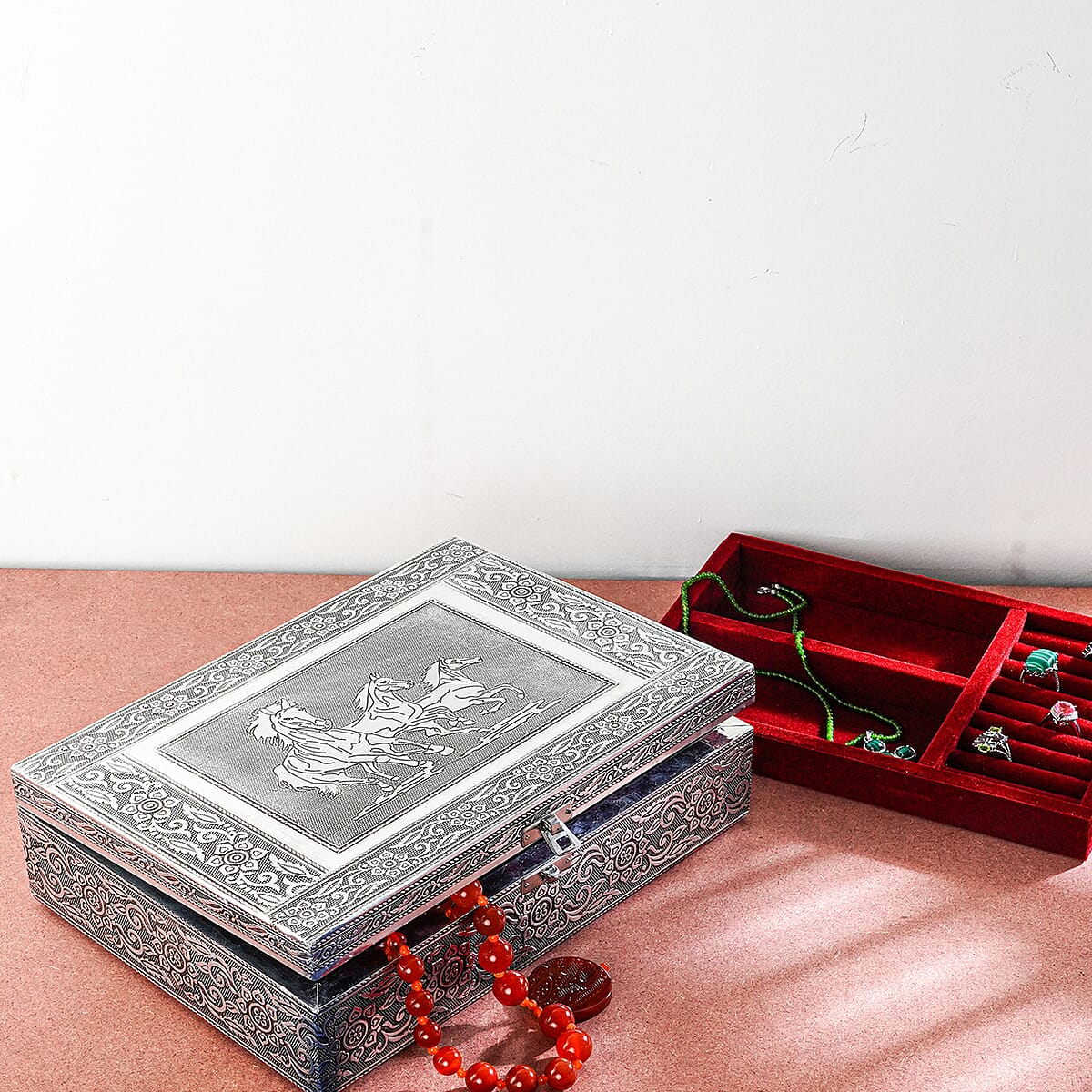 Handcrafted Aluminum Horse Embossed 2 Tier Jewelry Box with Scratch Protection Interior image number 1