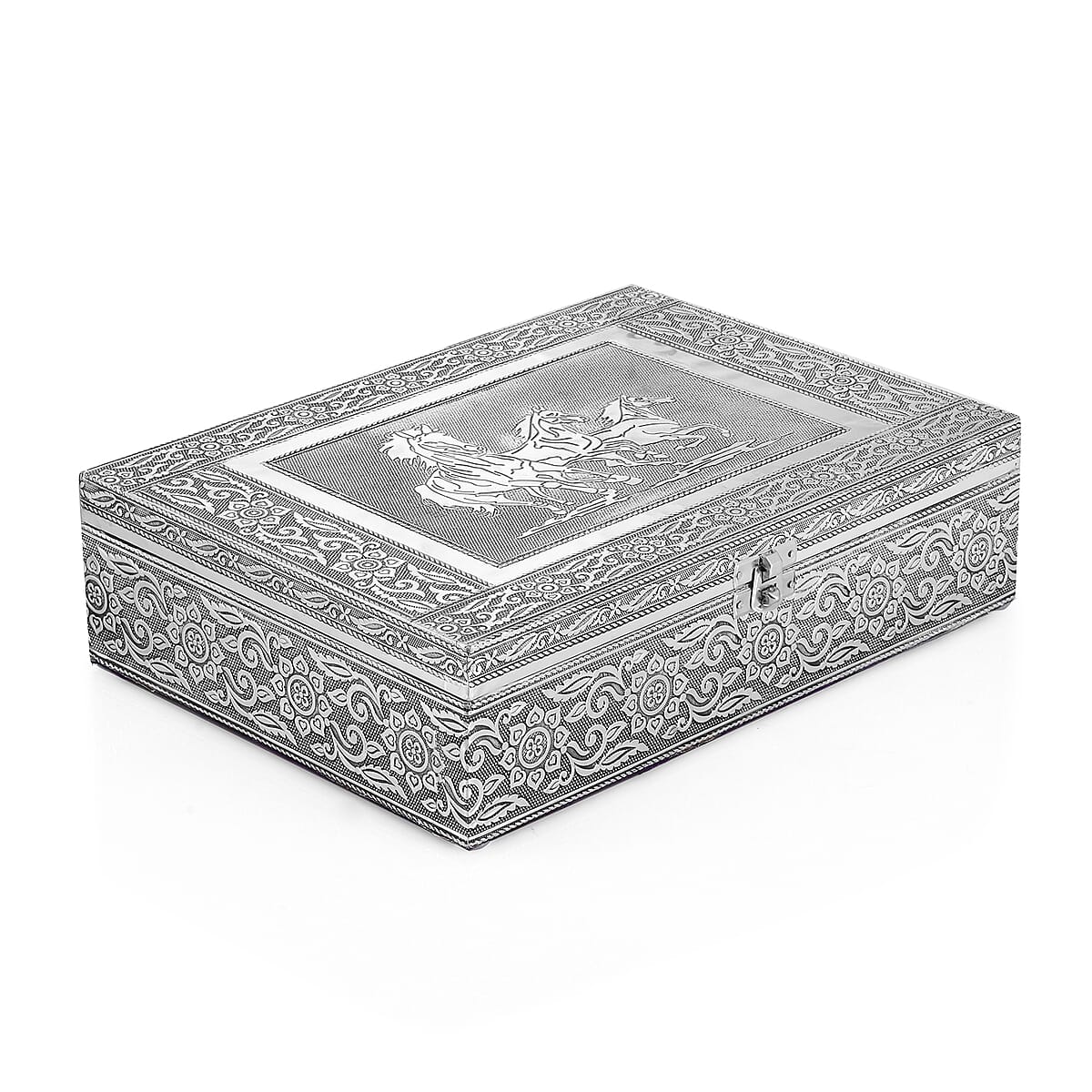 Handcrafted Aluminum Horse Embossed 2 Tier Jewelry Box with Scratch Protection Interior image number 2