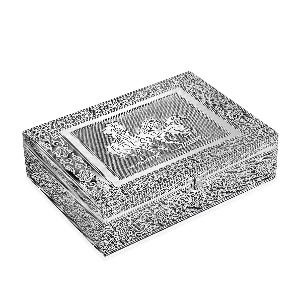 Handcrafted Aluminum Horse Embossed 2 Tier Jewelry Box with Scratch Protection Interior image number 3
