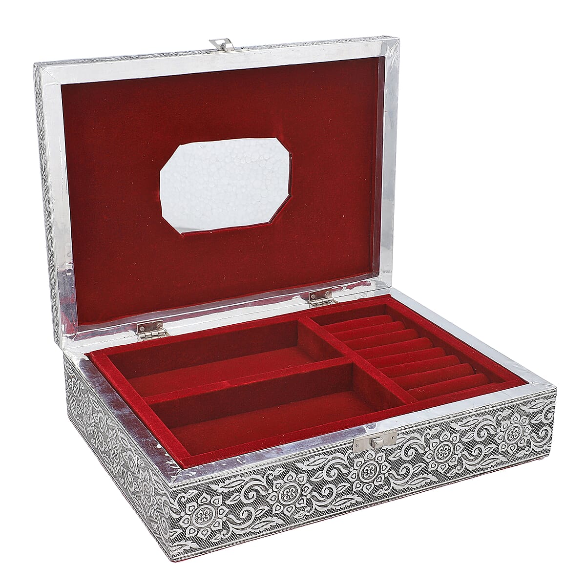 Handcrafted Aluminum Horse Embossed 2 Tier Jewelry Box with Scratch Protection Interior image number 4