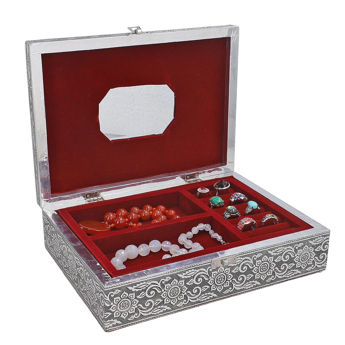 Handcrafted Aluminum Horse Embossed 2 Tier Jewelry Box with Scratch Protection Interior image number 5