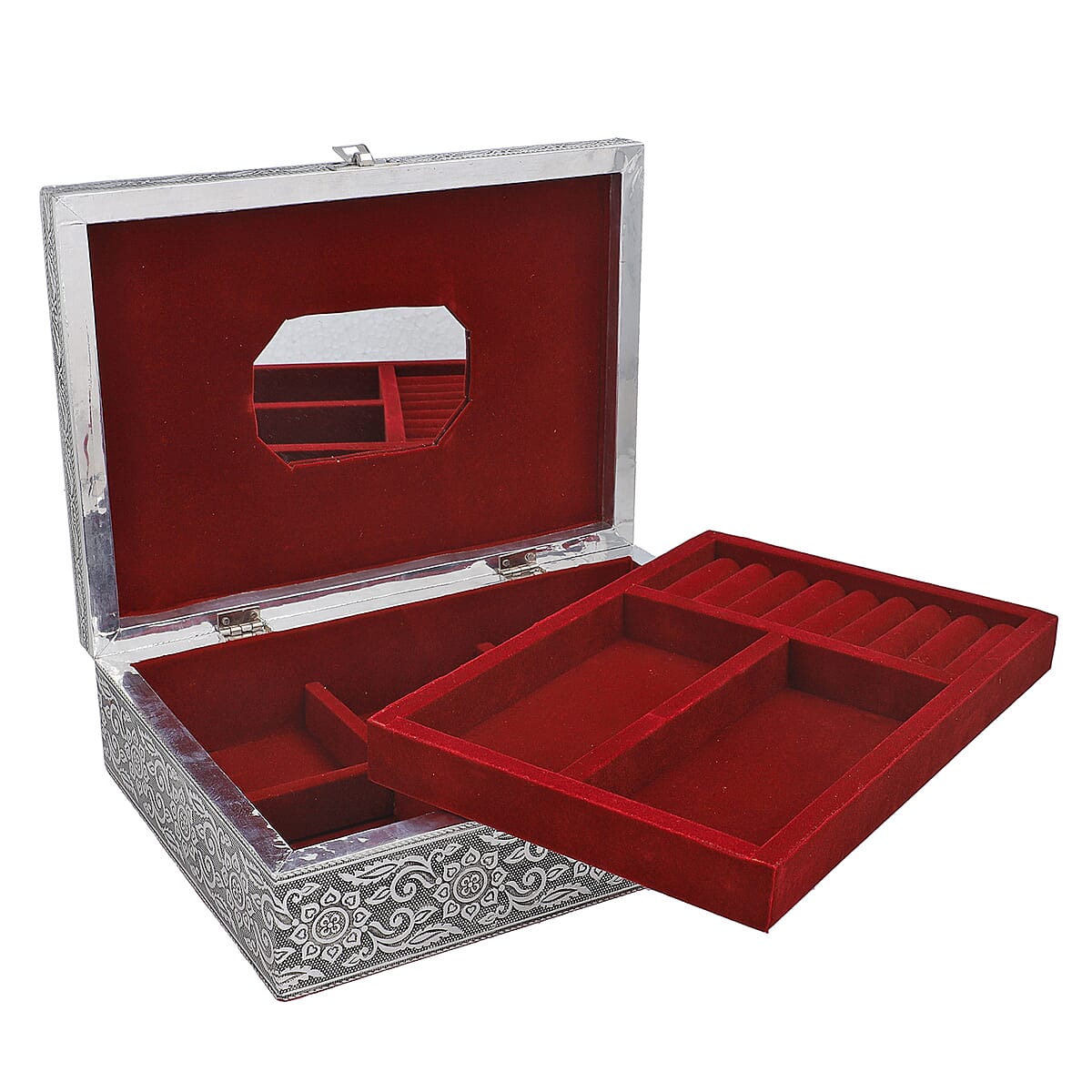 Handcrafted Aluminum Horse Embossed 2 Tier Jewelry Box with Scratch Protection Interior image number 6