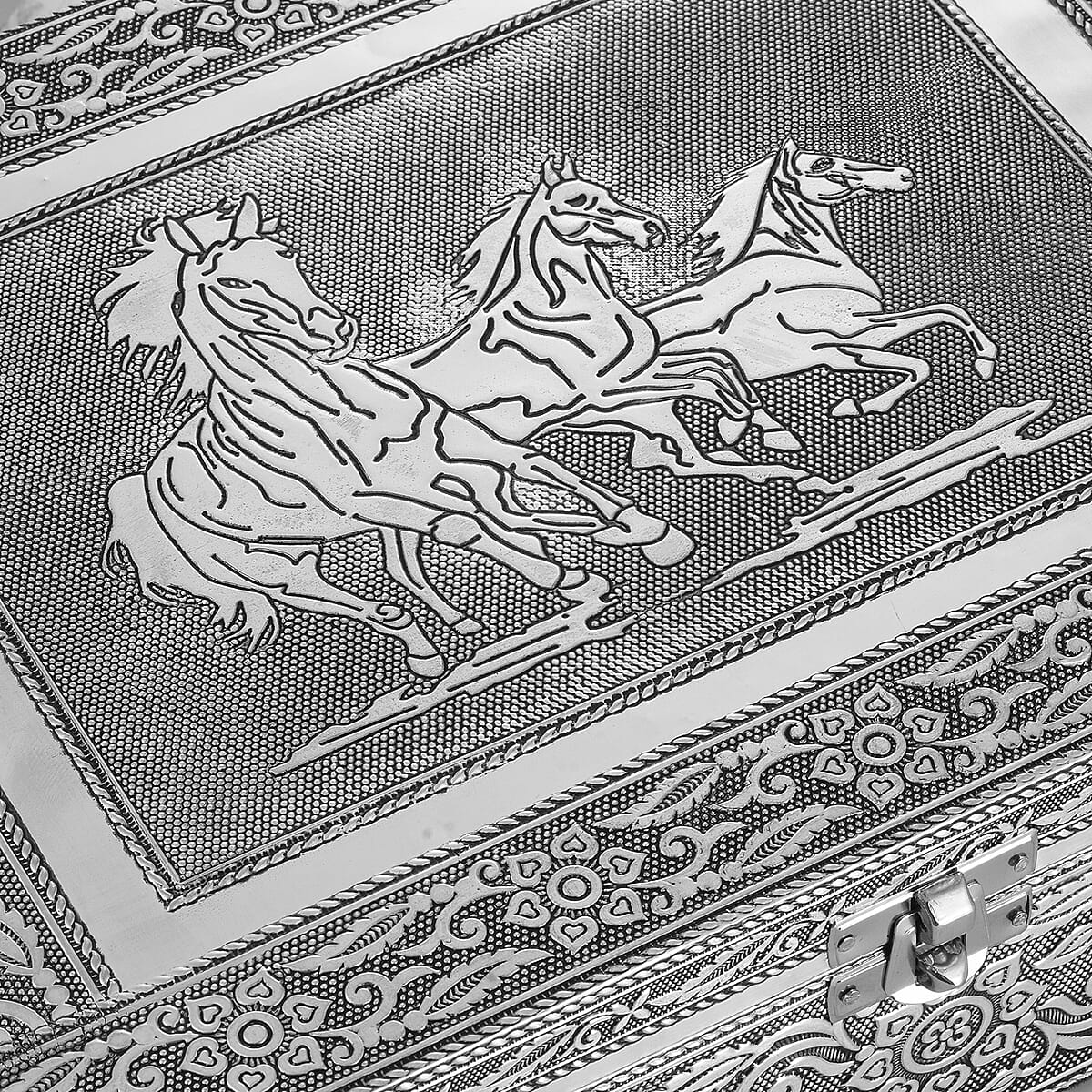 Handcrafted Aluminum Horse Embossed 2 Tier Jewelry Box with Scratch Protection Interior image number 7