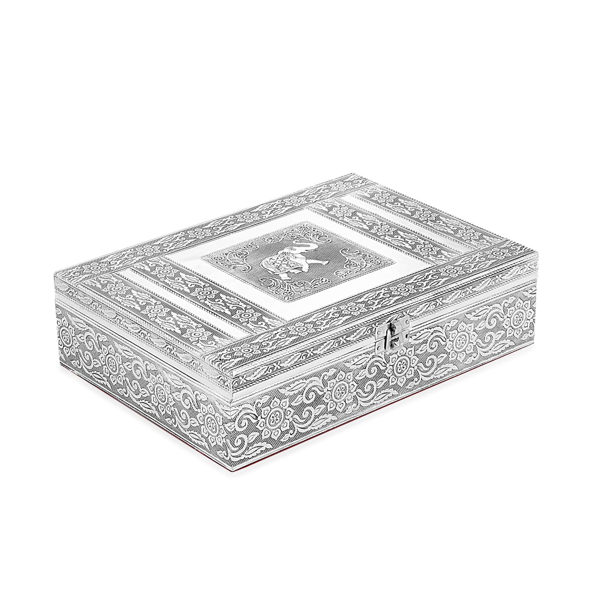 Handcrafted Aluminium Elephant Embossed 2 Tier Jewelry Box with Scratch Protection Interior image number 2