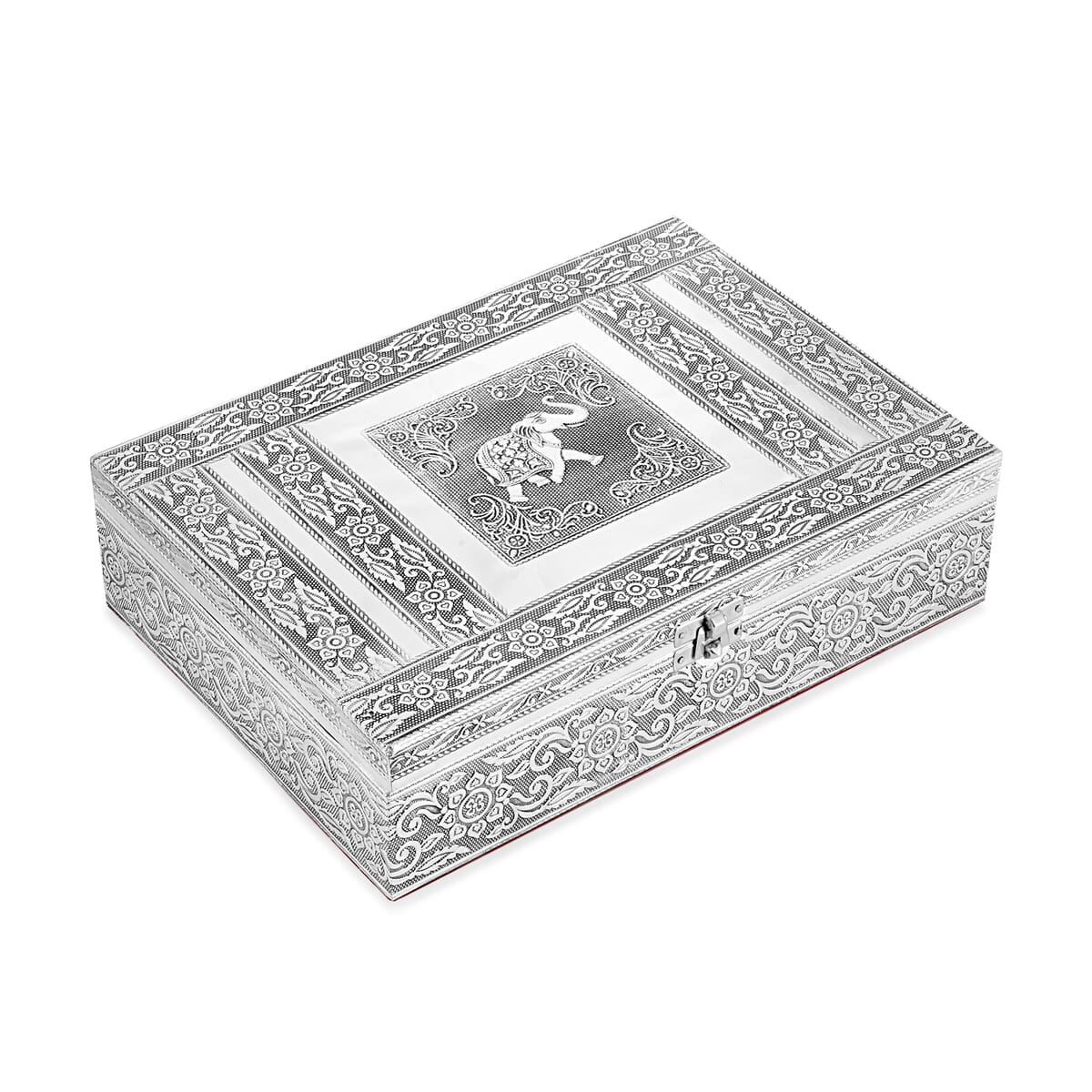 Handcrafted Aluminium Elephant Embossed 2 Tier Jewelry Box with Scratch Protection Interior image number 3